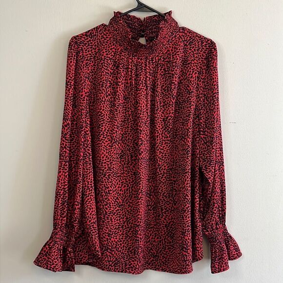 H&M Red & Black Animal Print Hi Neck Blouse - Size Large - Picture 1 of 13
